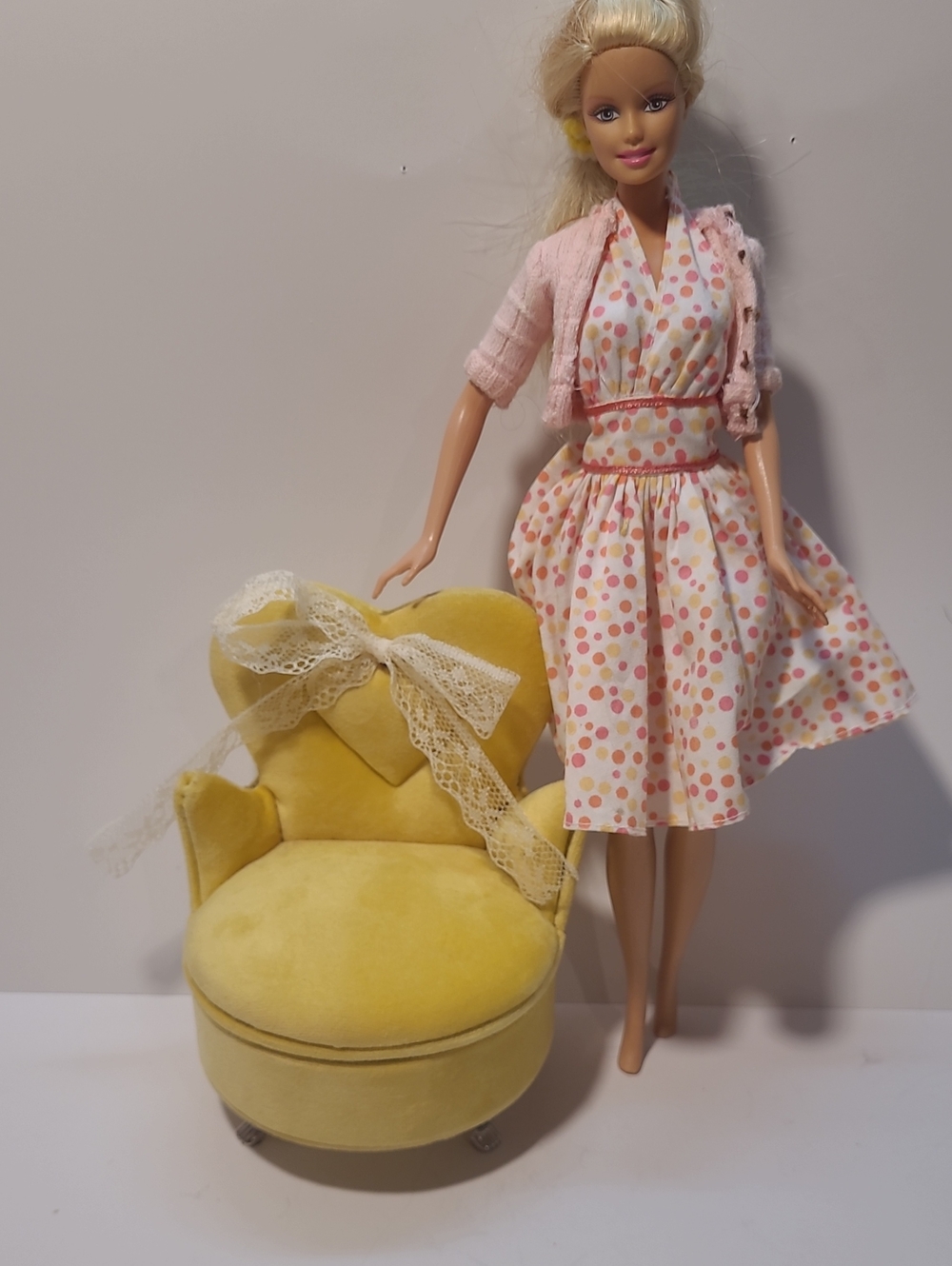 Yellow Velvet Mini Accent Chair Jewelry Organizer - Doll Are Not Include .